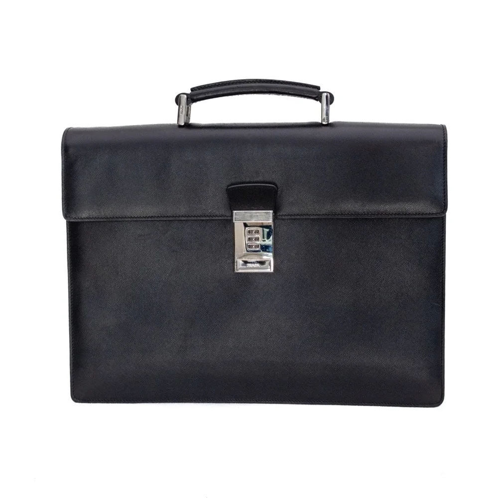 Rare PRADA Saffiano Business Bag‎ Briefcase Dial Type Leather Black Men's